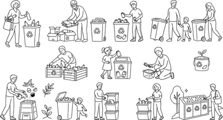 Fototapeta premium Waste Sorting and Recycling Character Vector Icon Set Featuring People Separating Garbage for Eco Friendly Environmental Sustainability and Green Concept Designs