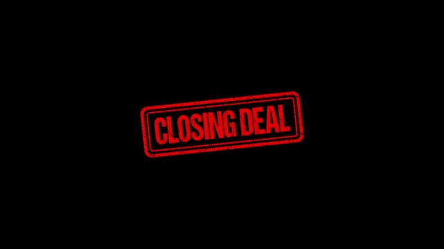 Closing Deal rubber stamp animation. Closing Deal Stamp textured bold text motion. Up to down stamp zooming and hit effect 4k video.
