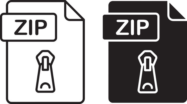 Zip archive file icon in outline and solid black style, compressed data file format symbol for digital storage.