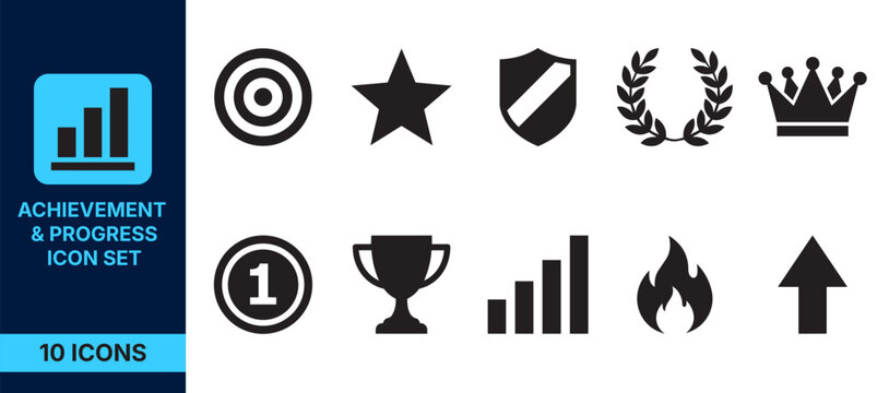 Achievement and progress icon set, including trophy, target, star, crown, and growth chart symbols for business and gamification