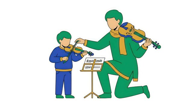 Teacher instructing young student during violin music lesson illustration