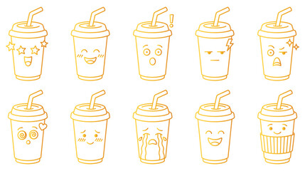 Obraz premium Ten cute cartoon beverage cups with expressive faces and straws for drink concepts.