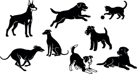 Fototapeta premium Set of black silhouette dogs and a cat vector illustration