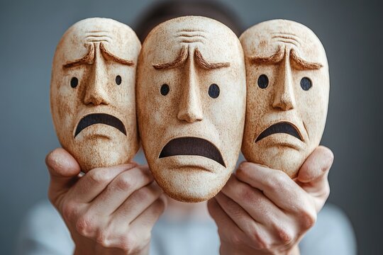 Fake emotion play a role concept. Character holds