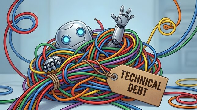 Silver Robot Trapped in Tangled Cables with Technical Debt Tag Illustration