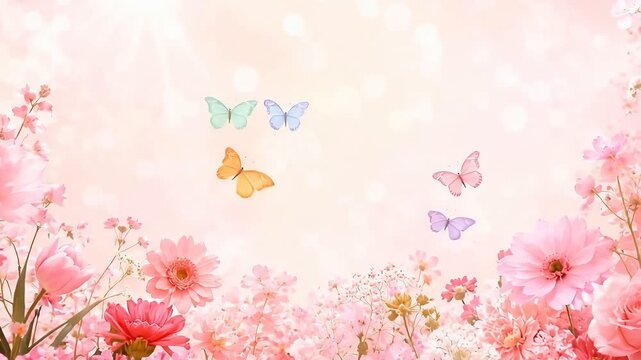Flower Frame Background with Pastel Pink Border and Colorful Garden Butterflies