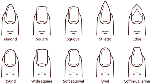 Ten different nail shapes for manicures including almond, square, and stiletto.