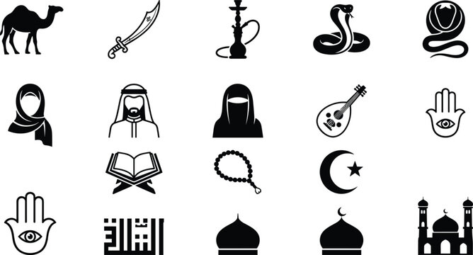 Arabic culture and Islamic heritage silhouette icon set with mosque camel quran subha crescent and traditional figures