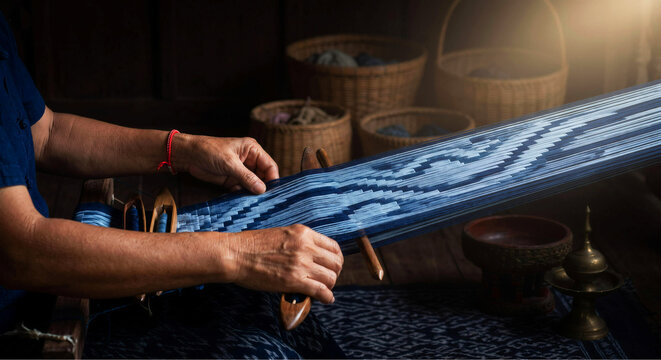 Close up of artisan hands weaving intricate traditional fabric pattern on wooden loom with shuttle.