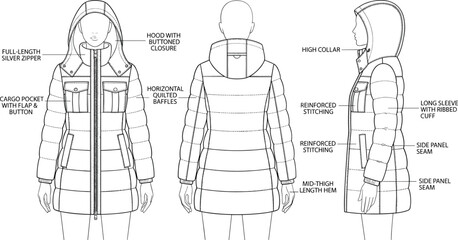 Technical fashion sketch of women winter down jacket showing front back and side view templates © Bappi
