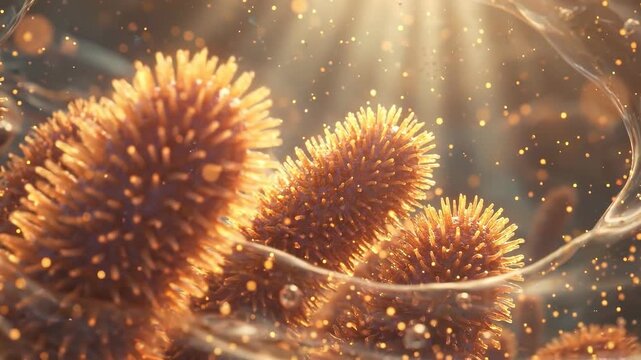 Villi Absorbing Glowing Microscopic Nutrients in Dynamic Liquid Flow Representing Efficient Digestion Cycle