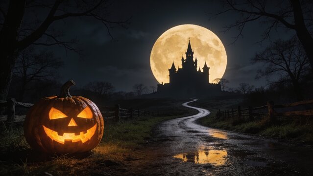 Glowing Halloween jack-o-lantern beside a winding wet road leading toward mysterious gothic castle under enormous full moon
