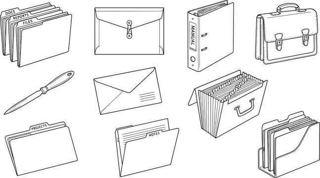 Office document organization stationery collection featuring paper folders binder envelope briefcase opener and expanding archive box