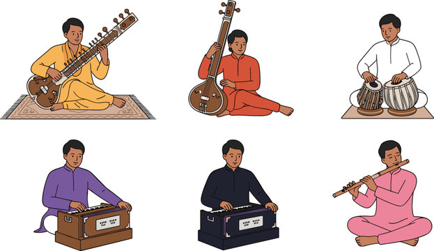 Traditional Indian classical musicians character set playing sitar tanpura tabla harmonium and bansuri bamboo flute instruments