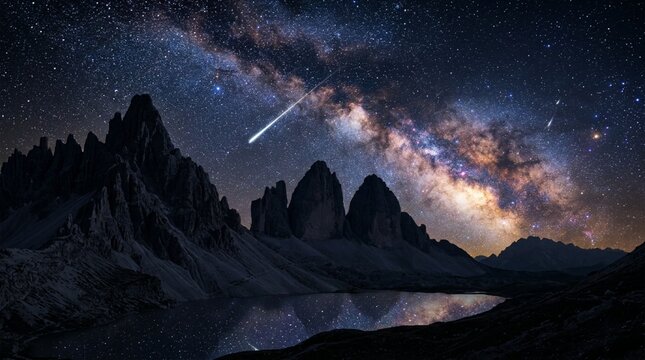 Milky Way and meteor over mountain peaks and lake at night