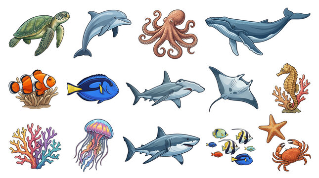 Watercolor sea animal collection, marine life illustrations with whale and shark, ocean creature set for educational design