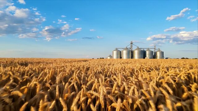 Golden Wheat Agriculture Field with Grain Silo, Abundant Harvest Crop and Peaceful Rural Farmland Landscape Beneath Bright Blue Sky, Supporting Seasonal Cereal Food Production and SEO Friendly Search