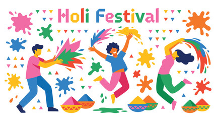 Fototapeta premium Happy holi festival people characters celebrating with bright powder and colorful splash.
