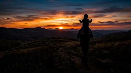 Fototapeta premium Silhouette of a person at sunset on a hilltop with dramatic sky.