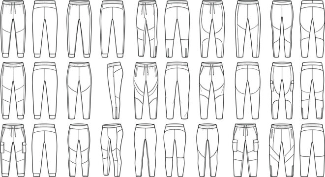 Sweatpants and Joggers Technical Fashion Sketch Set with Cargo Pants Templates for Apparel Design Mockups, Tech Pack Layouts, and Clothing Manufacturing