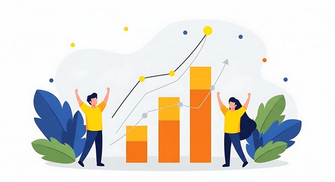 Two people celebrating with growing bar graph illustration