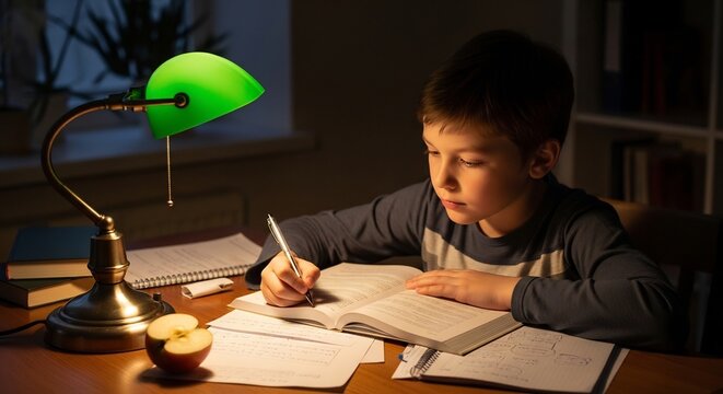 Young Boy Studying Diligently: A young boy with a focused expression is diligently studying at a desk under the warm glow of a green desk lamp, surrounded by books and papers. An apple sits nearby.