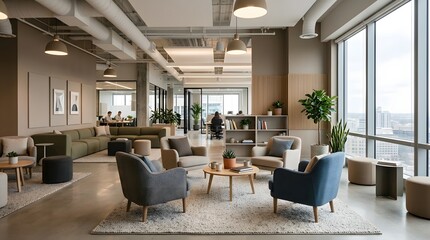 Fototapeta premium Modern open plan office interior with lounge area and workstation