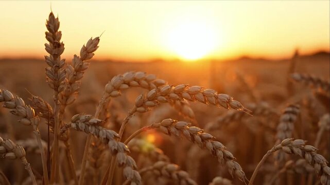 Golden Wheat Agriculture Field at Sunrise and Sunset, Glowing Grain Crop Heads in Warm Sunlight Across Peaceful Rural Farm Landscape, Seasonal Harvest Concept and Tranquil Golden Countryside Scene