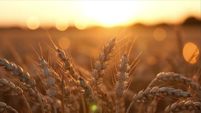 Golden wheat agriculture field at sunset with mature grain crop, warm golden backlight, soft bokeh, peaceful rural harvest landscape, cereal farming scenery and tranquil countryside glow