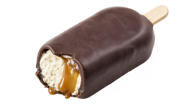Bitten chocolate ice cream bar with caramel sauce filling on a wooden stick