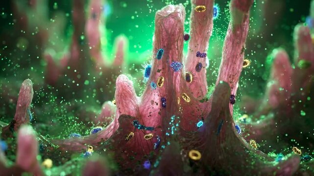 Vast Landscape of Pink Tissue Pillars Hosting Microscopic Life in Nutrient Suspension for Internal Ecosystem