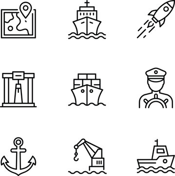 Minimal maritime and transportation outline icon collection featuring map, lighthouse, rocket, cargo ship, anchor, crane, captain, and harbor symbols for travel design