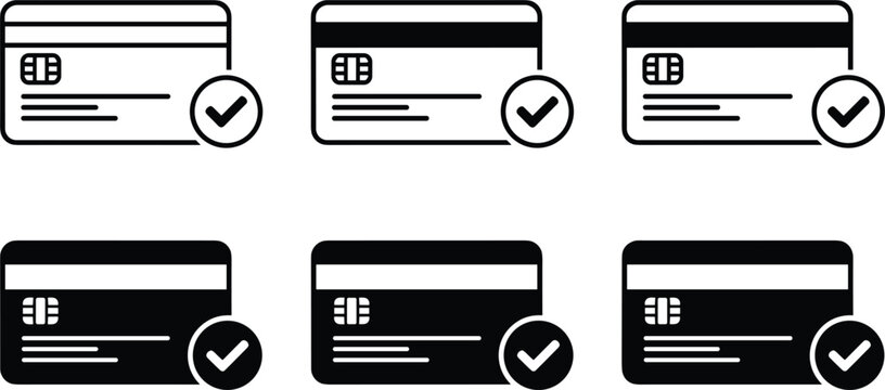 Credit card payment verification icon set featuring bank plastic cards with electronic chip and approved checkmark badge symbols