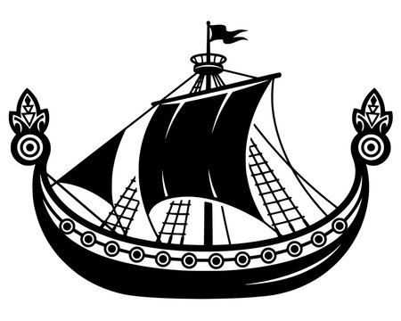Black silhouette of Viking longship with sail, shields, and dragon heads. Bold vector artwork symbolizing exploration, history, and Norse heritage in iconic style.