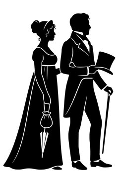 Black silhouettes of man and woman in 19th‑century dress with umbrella, cane, and top hat. Bold vector artwork symbolizing elegance, vintage fashion, and historical style.