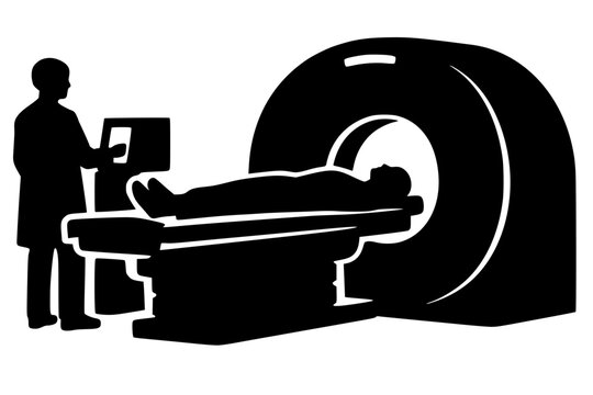 Black silhouettes of patient in MRI/CT scanner with operator at control panel. Bold vector artwork symbolizing healthcare, diagnostics, and medical technology in minimalist style.