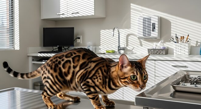 Curious Bengal cat with striking spotted fur exploring a clean indoor setting