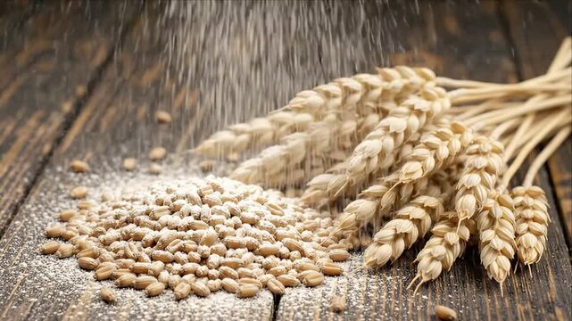 Wheat Grain and Golden Wheat Ear Agriculture Harvest on Rustic Wooden Surface with Falling Flour, Natural Farming Texture, Cereal Seed Crop Abundance and Warm Light