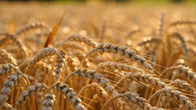 Golden Wheat Field with Ripe Cereal Grain Heads in Warm Sunlight, Highlighting Agriculture, Crop Harvest Texture, Rural Abundance, Seasonal Beauty, and Natural Food Production