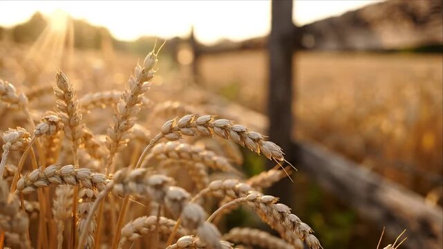 Golden wheat agriculture in sunlit rural field, mature grain crop glowing with warm sunlight beside rustic wooden fence, peaceful harvest landscape with natural texture and shallow depth of field