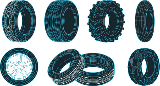 Car Tire and Automotive Wheel Wireframe Vector Icon Set Featuring Low Poly Meshes, Offroad Off-road Treads, and Alloy Rims for Garage Service Branding Designs