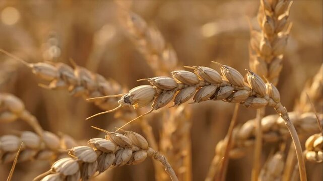 Golden wheat agriculture crop field closeup featuring ripe grain ear and spikelet glowing warm sunlight, textured kernels highlighting abundant harvest, rural farming, natural growth, seasonal food