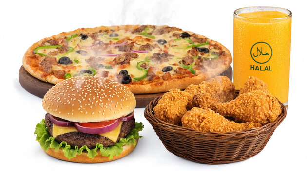 Delicious fast food meal with pizza burger fried chicken and a glass of orange juice
