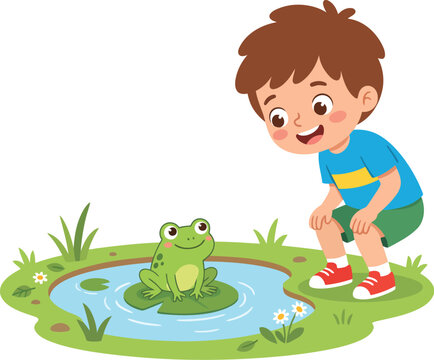 Boy observing cute green frog on lily pad in pond vector