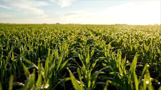 Wheat Agriculture Field with Green Crop Leaves, Fresh Grain, Morning Dew, Warm Sunlight, Bright Rural Horizon, Peaceful Farmland Landscape, Cereal Plant Growth, Abundant Harvest Potential