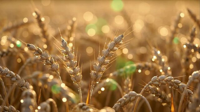 Golden Wheat Ear Grain Cereal Crop Field Harvest in Warm Sunlight and Glowing Bokeh, Peaceful Agriculture Countryside Scene Showcasing Natural Texture, Morning Dew, Rural Abundance, and Golden Beauty
