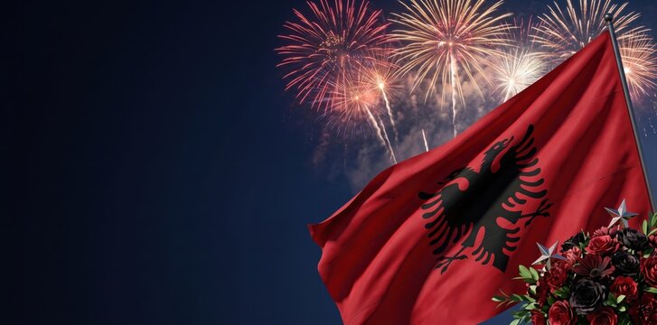 Waving flag of albania with a black double-headed eagle on a red field, set against a dark night sky illuminated by bright, colorful exploding fireworks and a floral bouquet