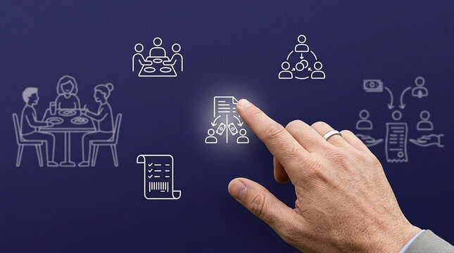 Businessman Hand Touching Digital Bill Splitting Icon Interface on Blue Background with Restaurant Dining and Shared Expense Line Art Icons Concept