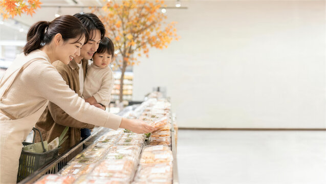 秋の売り場で食品ロス削減のてまえどりをする親子