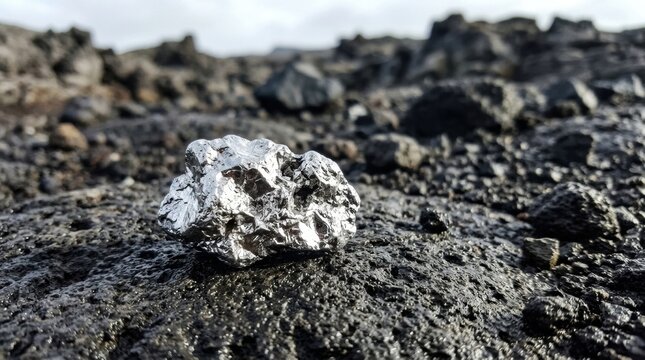 Raw platinum ore nugget resting on dark volcanic rock surface.